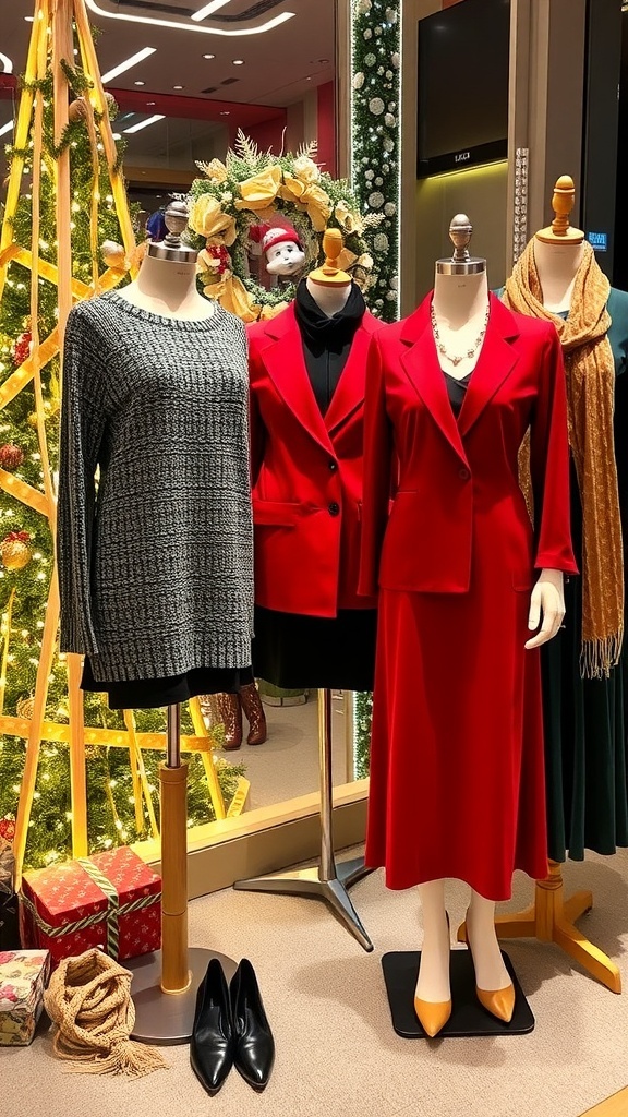 A display of festive Christmas outfits including a sweater dress, red blazer, and velvet dress with holiday decorations.